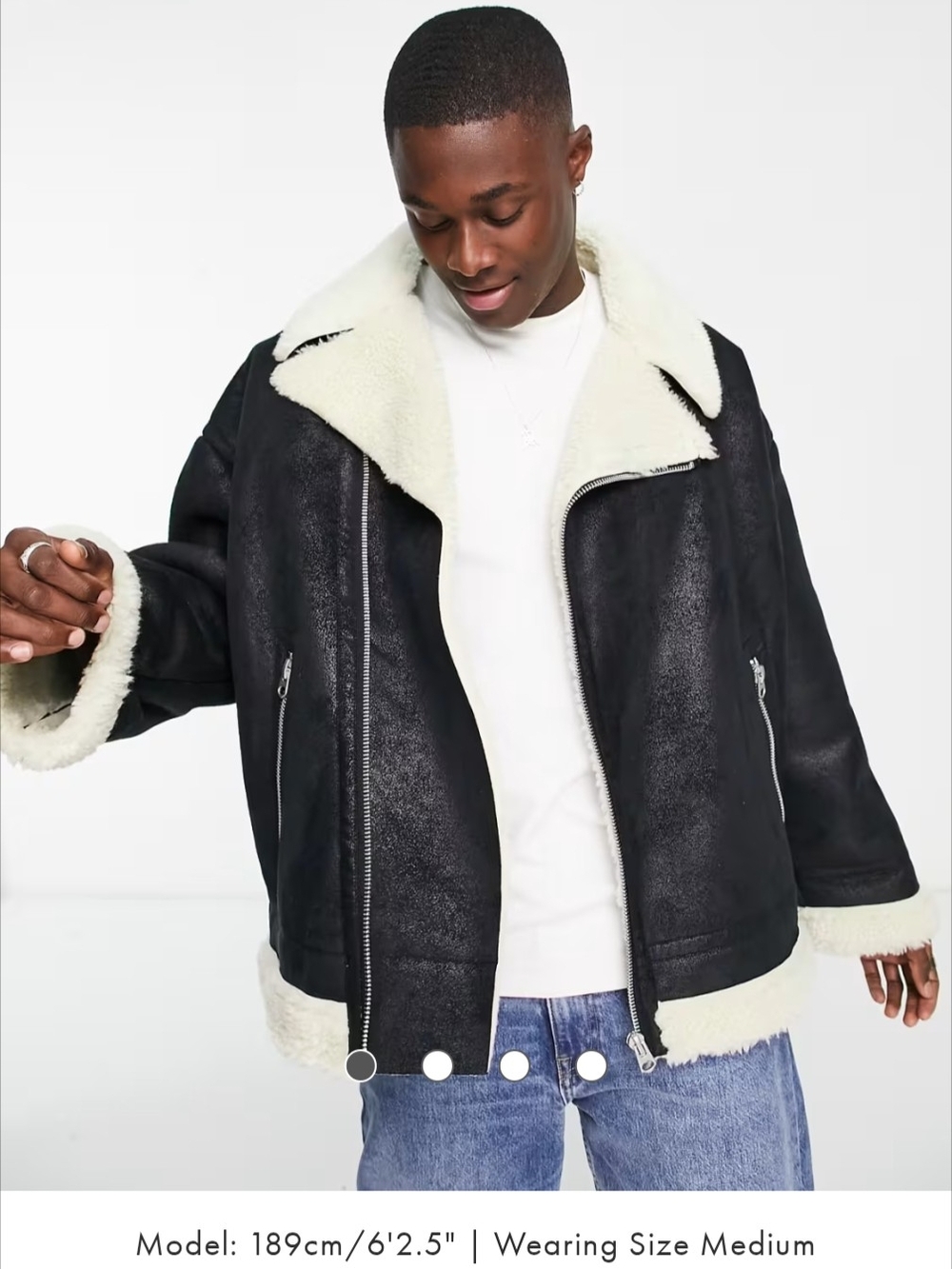 ASOS Men's Black Faux Shearling Aviator Jacket with Cream Trim, Small